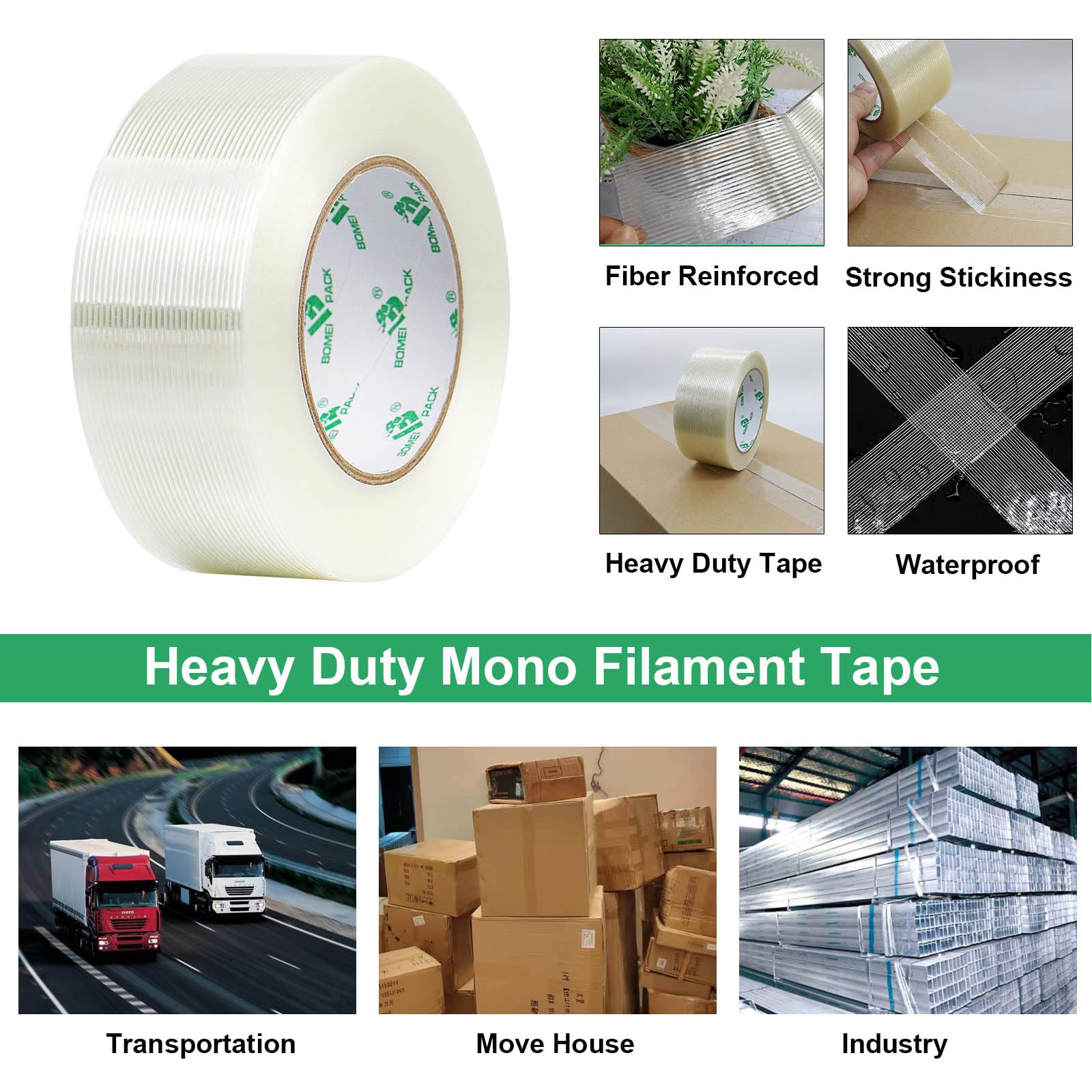 BOMEI PACK Wide Strapping Tape, 4Inch Heavy Duty Reinforced Packing Tape, Fiberglass Filament 60yds 5.5Mil