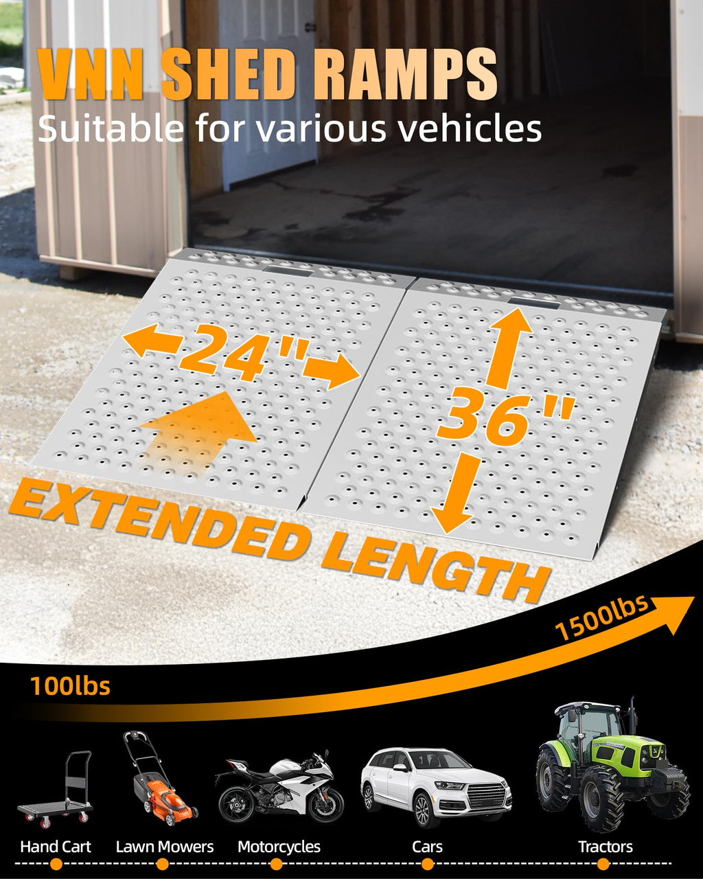 VNN 29" x 24" Shed Ramp for Riding Mower - 750 LB Capacity Shed Ramps, Anti-Slip Punch Plate Ramp for ATV, Motorcycles, Garages & Barns (1PC,Black, Alloy)