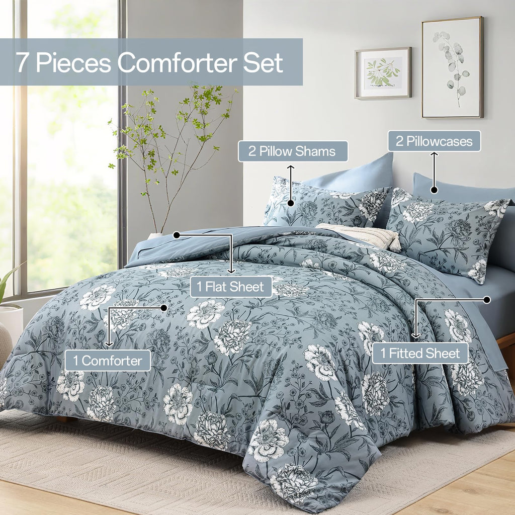 Yiran 7 Pieces Bed in a Bag Blue Floral Comforter Set Queen Size Flowers Comforter Set Soft Microfiber Bedding Set (1 Comforter 1 Flat Sheet 1 Fitted Sheet 2 Pillowshams 2 Pillowcases)