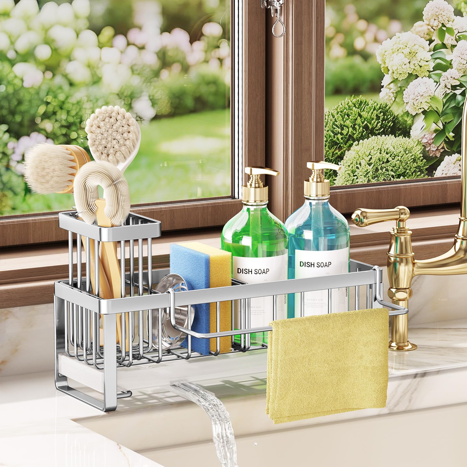 SWTYMIKI Sponge Holder for Kitchen Sink - Sink Caddy with Brush Holder Self-draining Sponge Caddy Organizer with Divider Stainless Steel Kitchen Accessories Storage for Countertop, Black