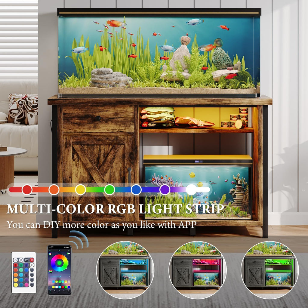4ever2buy 55-75 Gallon Fish Tank Stand with Power Outlets, LED Light, Heavy Duty Aquarium Stand with Cabinet for Fish Tank Accessories Storage, for Turtle Tank, Reptile Terrarium, 1100LBS, Black