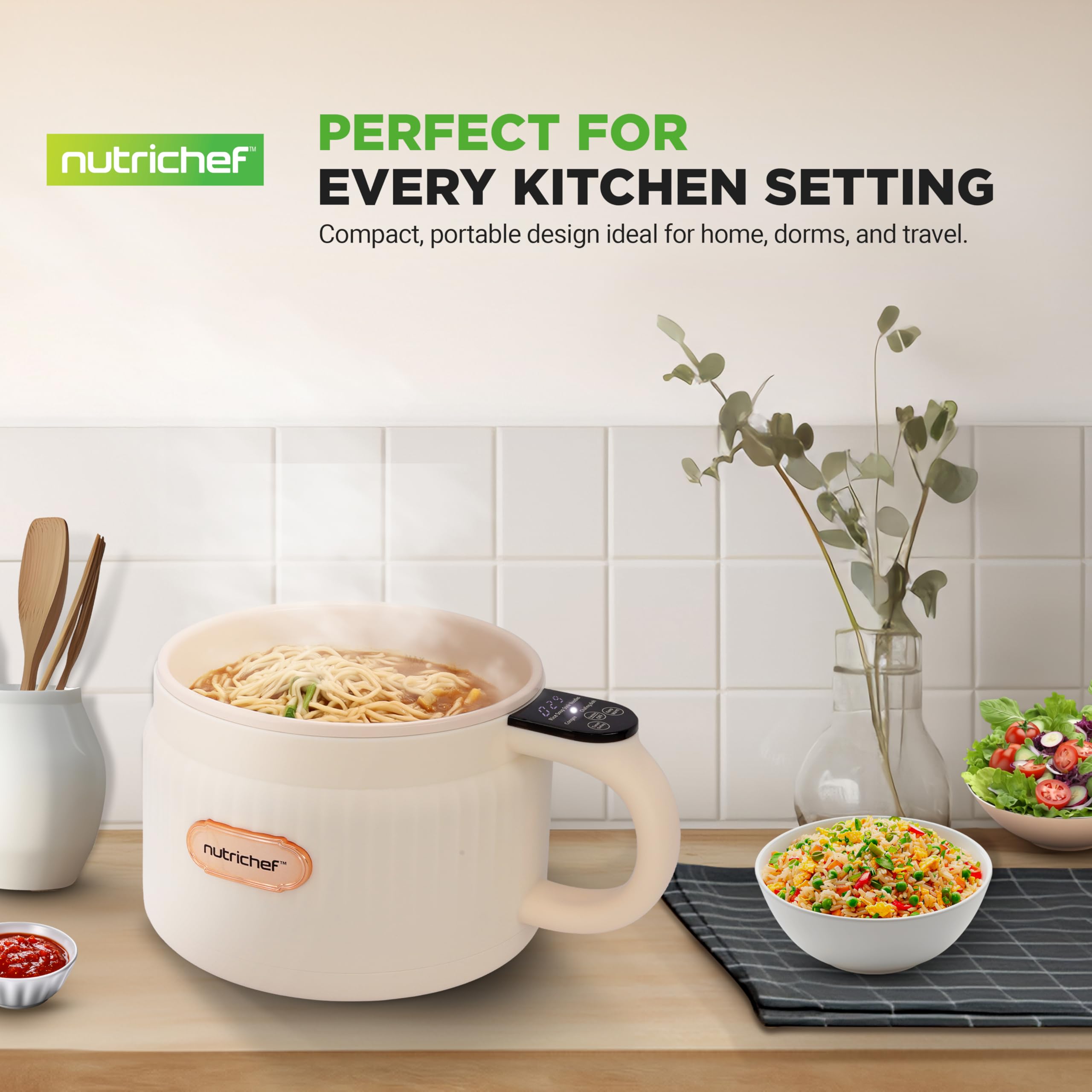 NutriChef 1.6 QT Portable Electric Rice Cooker & Lunch Maker | Multi-Functional & Non-Stick Ceramic Coating | Digital Control Panel | 6 Cook Functions: Rice, Soup, Stew, Porridge & More | Black