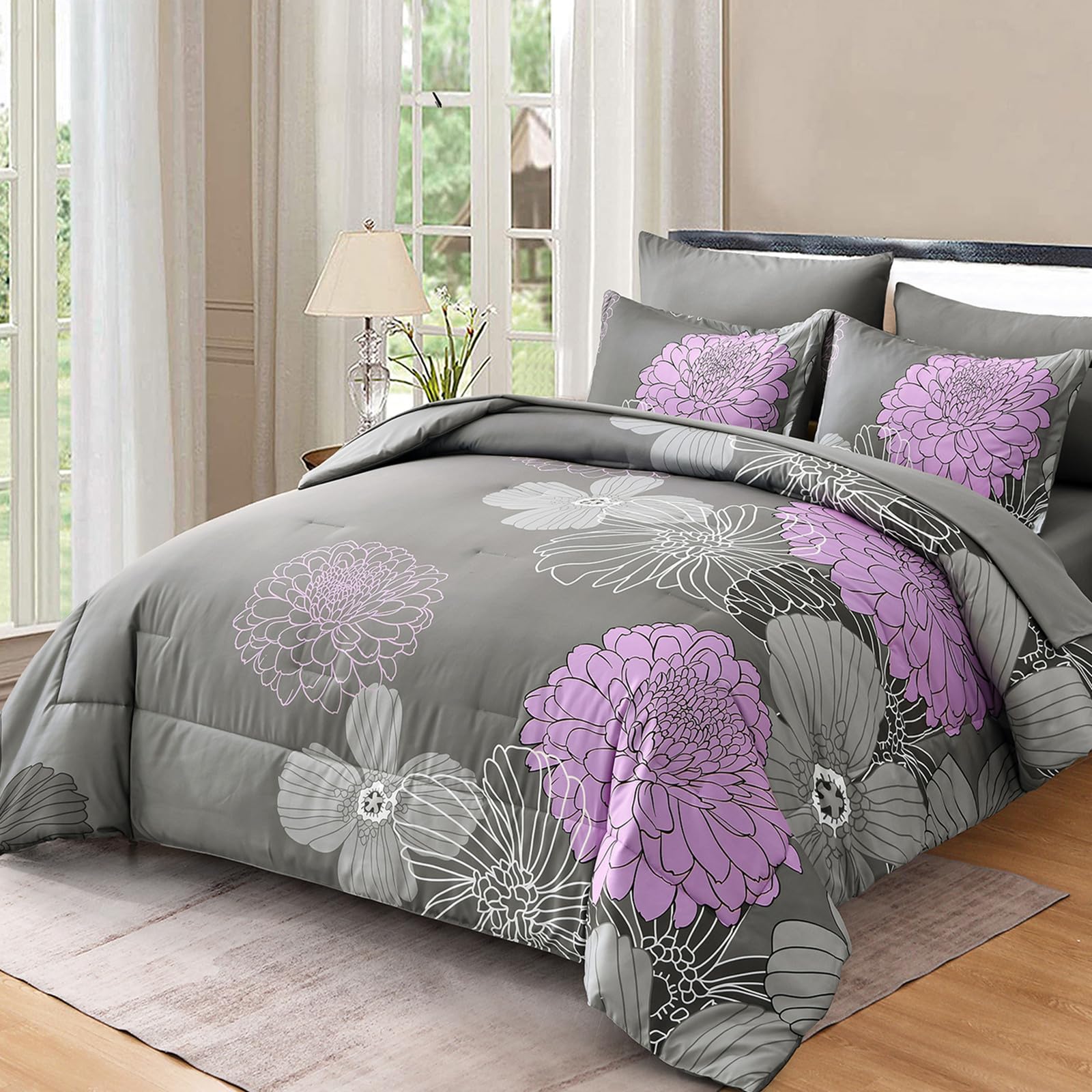 Yiran 7 Pieces Bed in a Bag Blue Floral Comforter Set Queen Size Flowers Comforter Set Soft Microfiber Bedding Set (1 Comforter 1 Flat Sheet 1 Fitted Sheet 2 Pillowshams 2 Pillowcases)