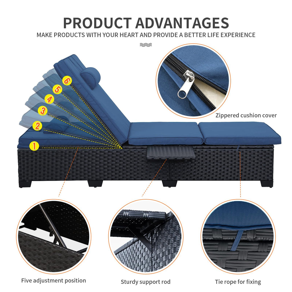 WAROOM Outdoor Chaise Lounge Chairs for Outside Patio Furniture Set of 2 Wicker Recliner Black Rattan Sunbathing Lounger Adjustable Backrest Pool Reclining Chair, Navy Blue Cushion