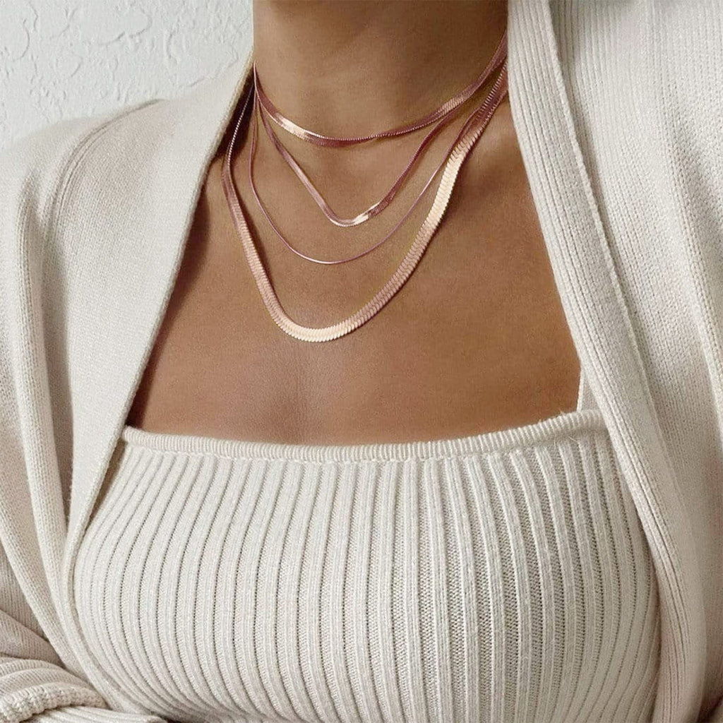 FOCALOOK 14K Gold Plated Necklaces for Women, Fashion Herringbone Choker Necklace Stainless Steel Flat Snake Chain 3/5MM(W) 12.5"/15"/18"+3.5"(L)