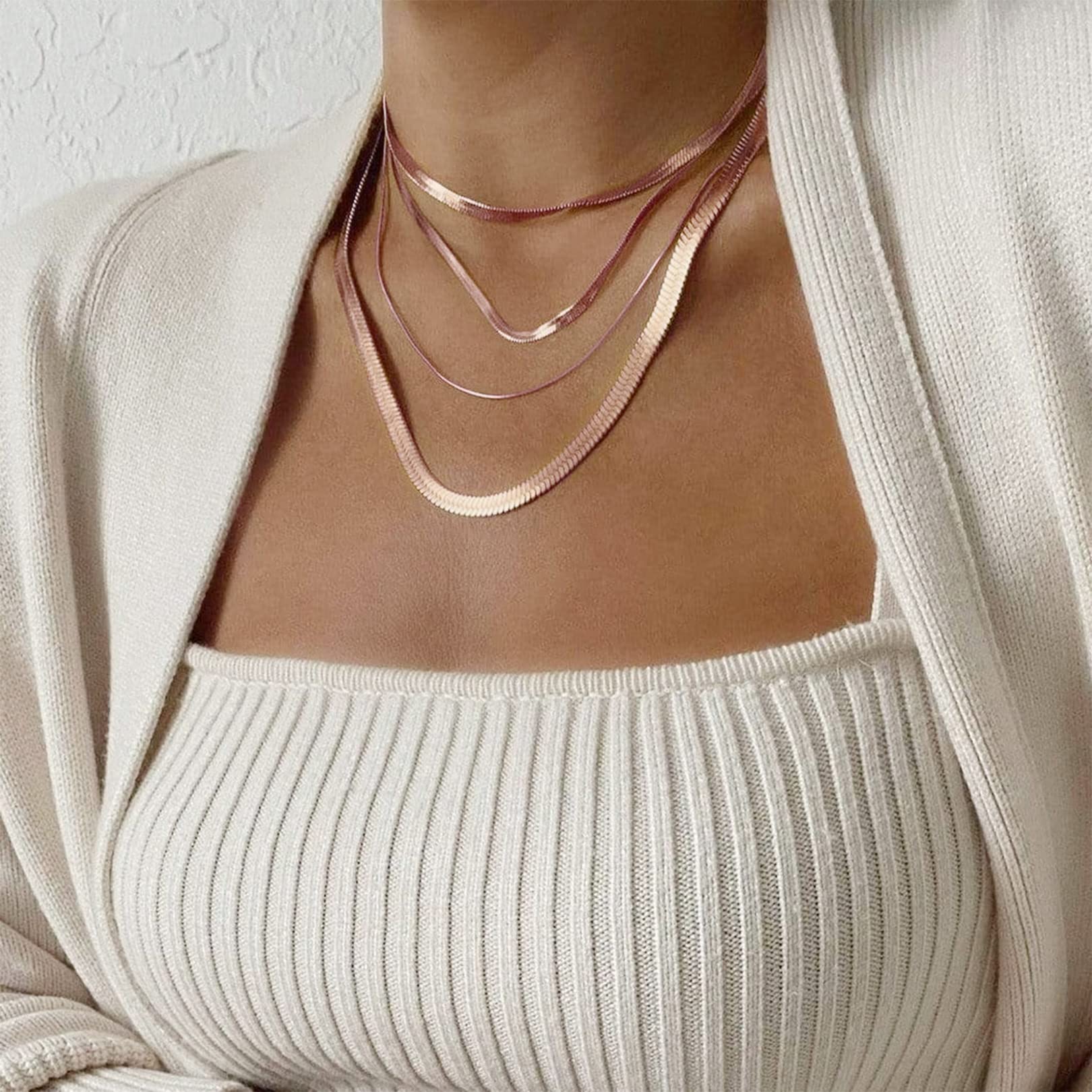 FOCALOOK 14K Gold Plated Necklaces for Women, Fashion Herringbone Choker Necklace Stainless Steel Flat Snake Chain 3/5MM(W) 12.5"/15"/18"+3.5"(L)