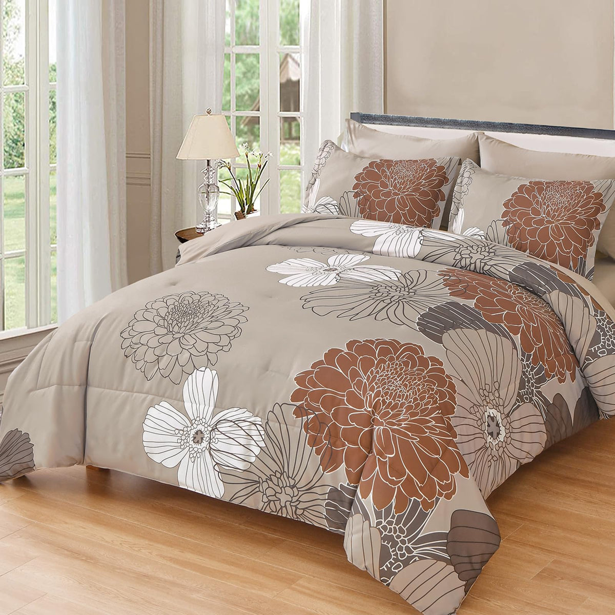 Yiran 7 Pieces Bed in a Bag Blue Floral Comforter Set Queen Size Flowers Comforter Set Soft Microfiber Bedding Set (1 Comforter 1 Flat Sheet 1 Fitted Sheet 2 Pillowshams 2 Pillowcases)