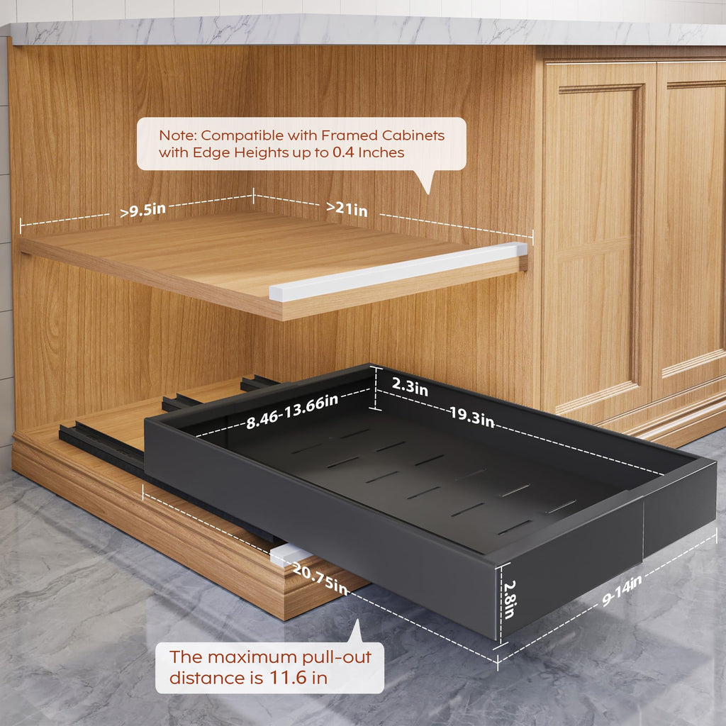 Seinloes 4 Pack Pull Out Cabinet Organizers 21" Deep With Raising Pad for Framed Cabinets, Expandable Width (15.2"-26.3") Slide Out Drawers Upgrade 3 Slide Rails, Roll Out Shelves Adhesive, Black
