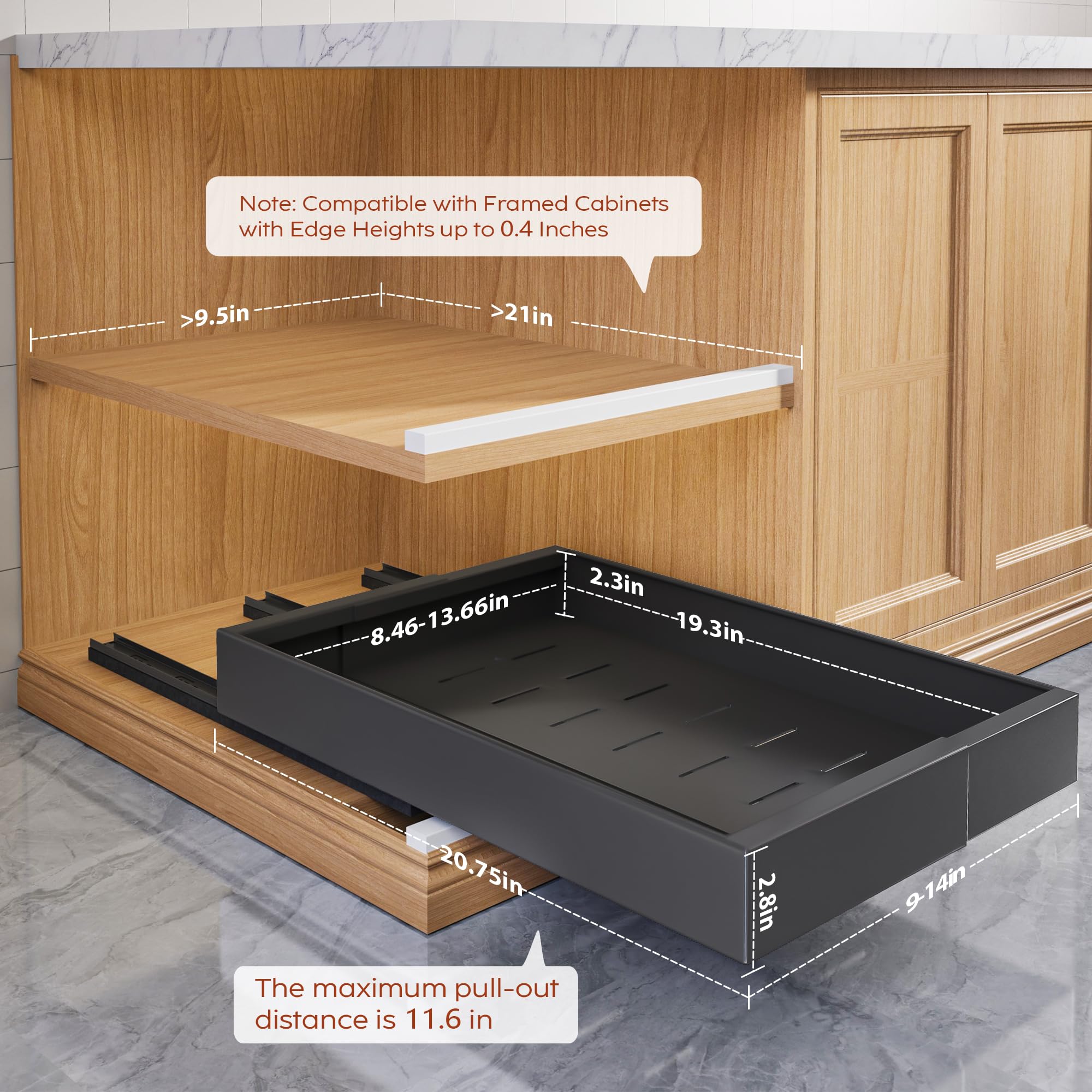 Seinloes 4 Pack Pull Out Cabinet Organizers 21" Deep With Raising Pad for Framed Cabinets, Expandable Width (15.2"-26.3") Slide Out Drawers Upgrade 3 Slide Rails, Roll Out Shelves Adhesive, Black