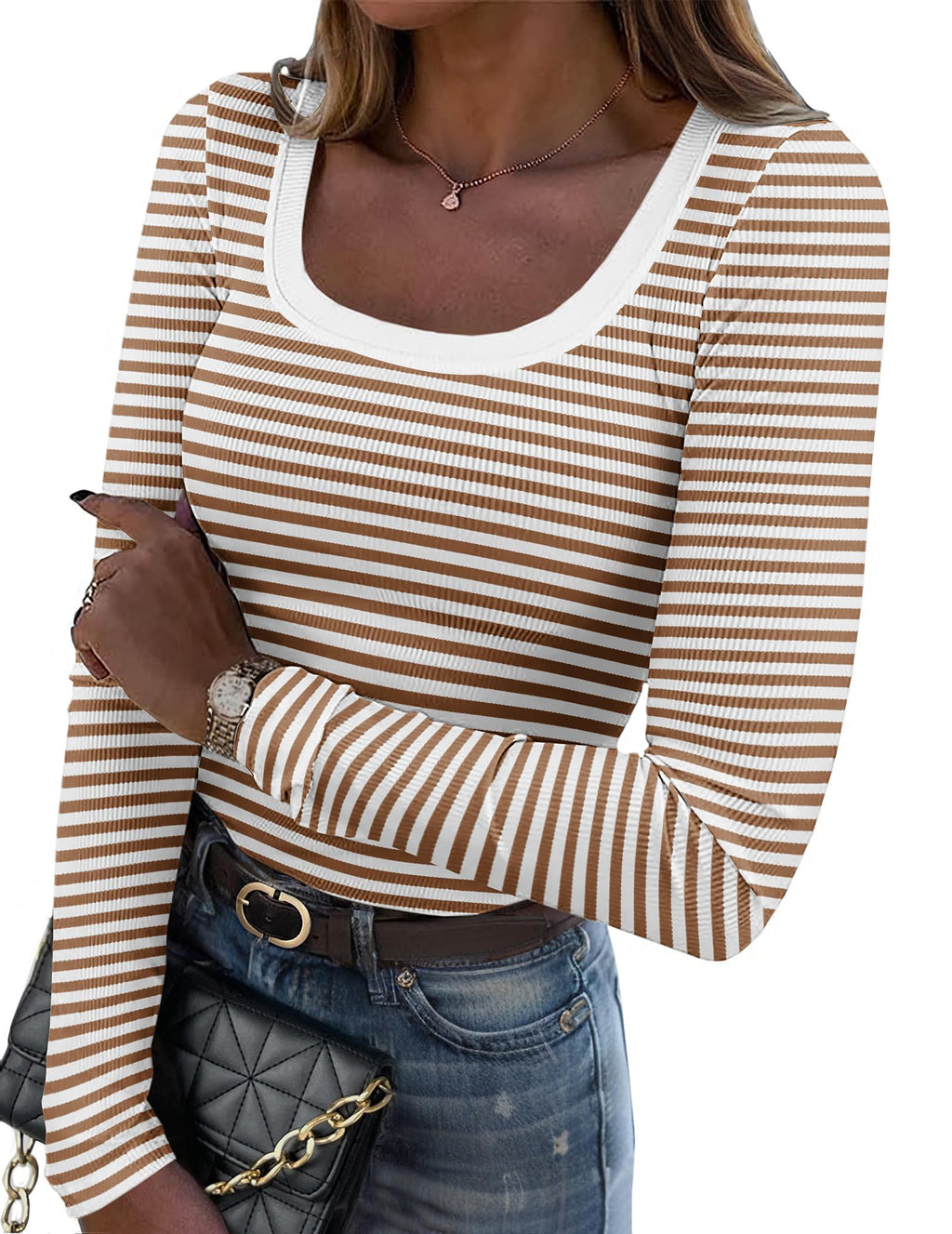 Zeagoo Women's Long Sleeve Scoop Neck Shirts Casual Slim Fit Rib Knit Tops Summer Fall Basic Business Work Tee