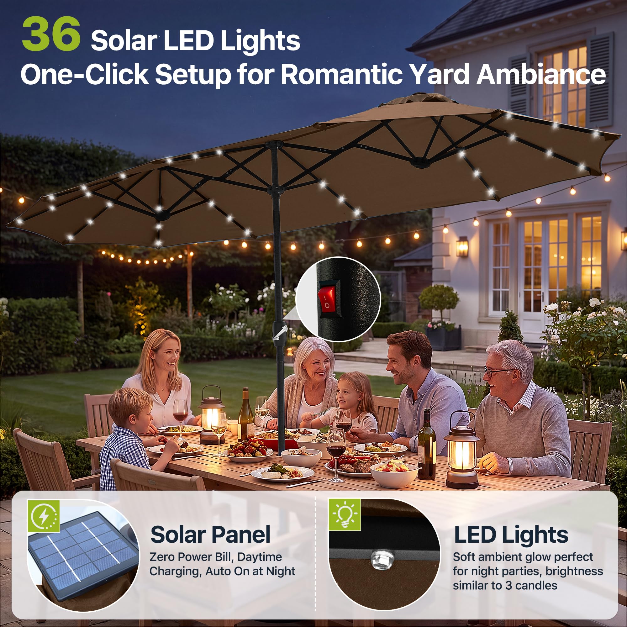 FREE SOLDIER 13ft Patio Umbrella Double Sided Outdoor Umbrella for Patio Table Umbrella with Solar lights for Garden Yard Pool (Beige)