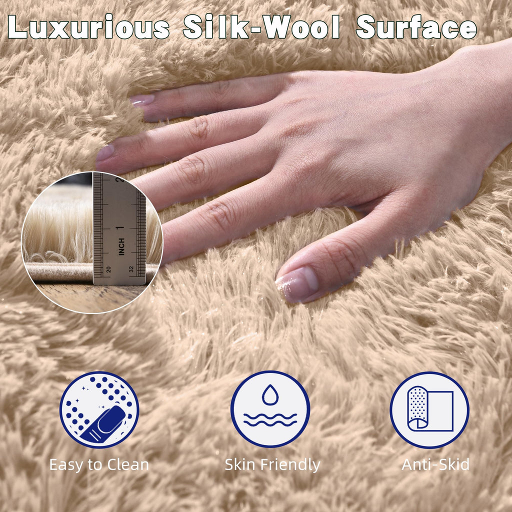 Beige Fluffy Rug for Bedroom 4x6ft - Ultra Soft & Non Slip Shaggy Area Rug, Comfy Durable Carpet for Living Room Kids Room Teens Dorm Home Decor, 1.7'' Thick Indoor Plush Carpets