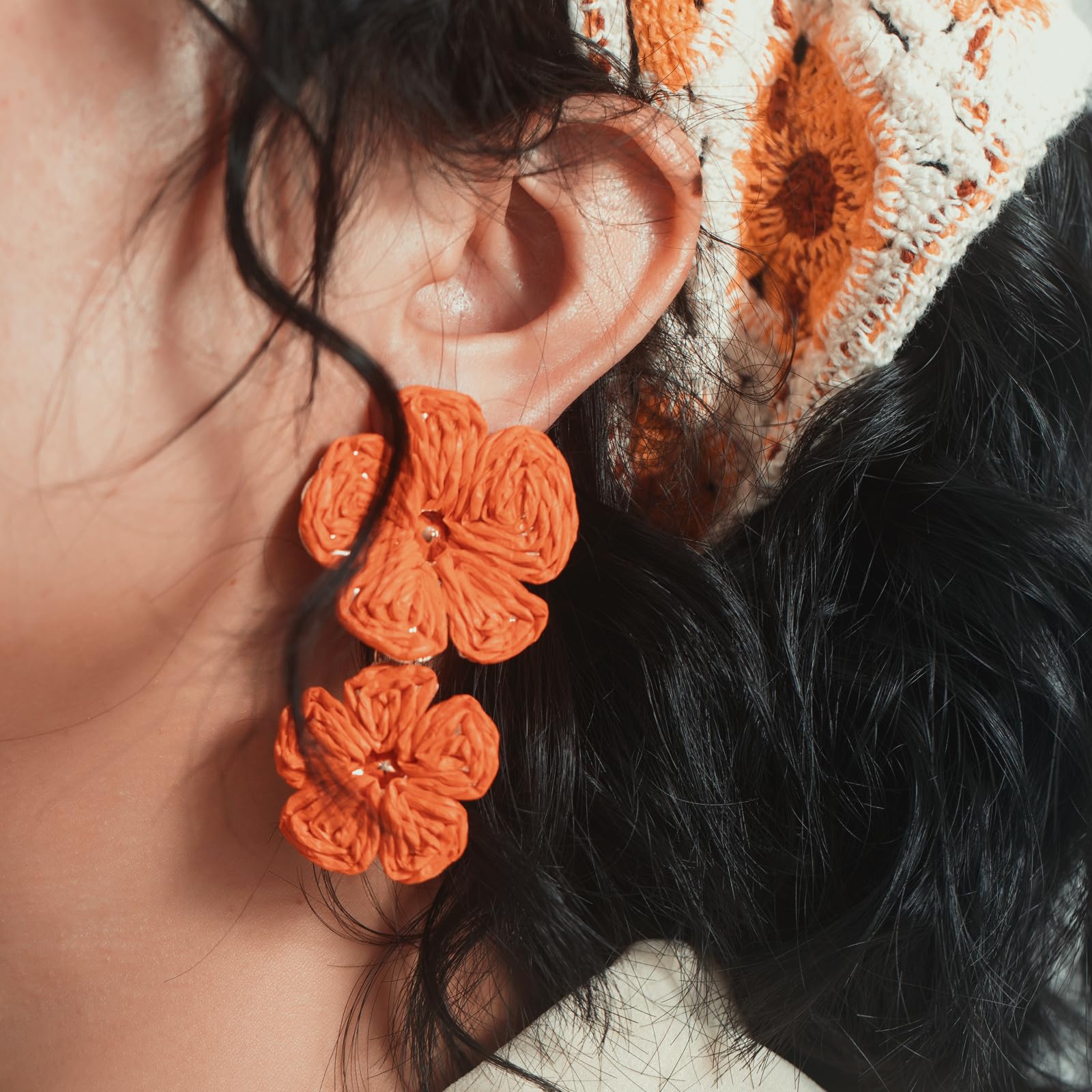Boho Flower Earrings Statement Raffia Dangle Earrings Cute Floral Jewelry Trendy Summer Beach Vacation Outfits for Women