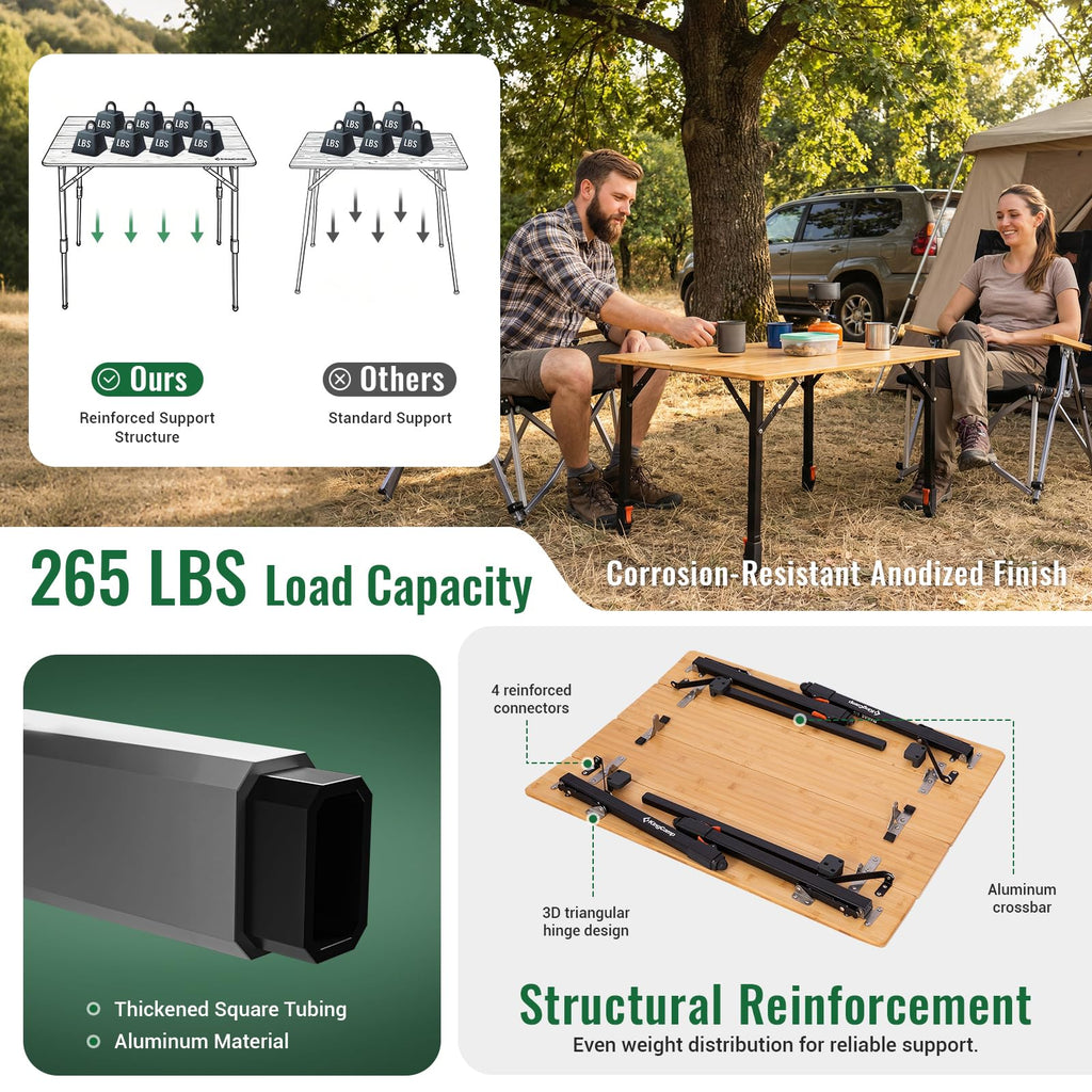 KingCamp Bamboo Folding Table, 4-Fold Camping Adjustable Height Portable Outdoor Lightweight & Compact Table with Aluminum Frame for RV Picnic BBQ Tailgating