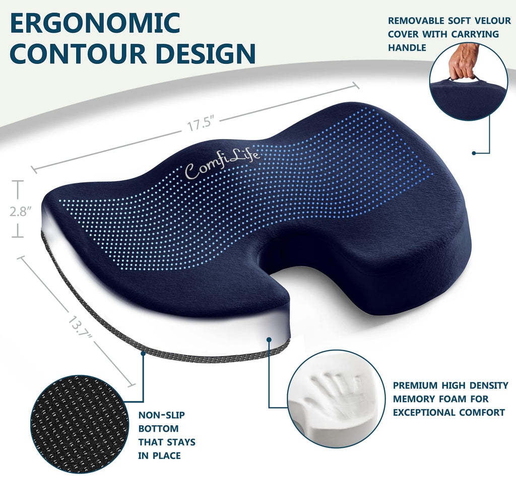 ComfiLife Premium Comfort Seat Cushion - Non-Slip Orthopedic 100% Memory Foam Coccyx Cushion for Tailbone Pain - Cushion for Office Chair Car Seat - Back Pain & Sciatica Relief (Black)