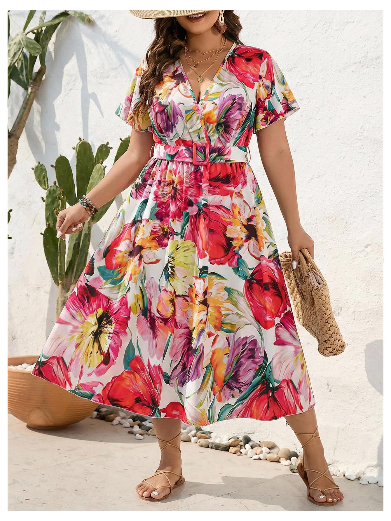 Floerns Women's Plus Size Boho Hawaiian Tropical Dresses V Neck Short Sleeve Floral A Line Long Dress Vacation Beach Outfits