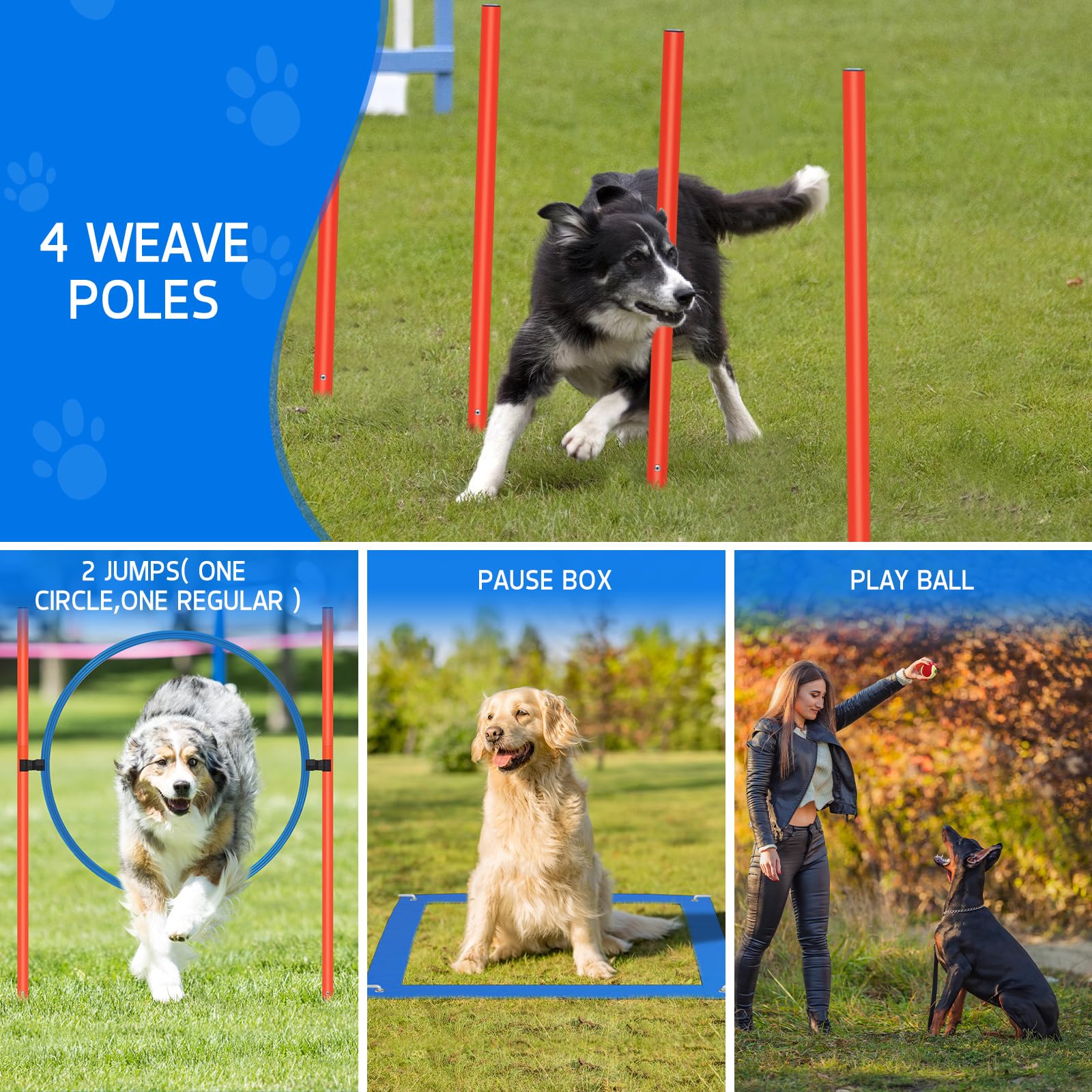 Polar Aurora Dog Agility Equipment, Dog Obstacle Courses Backyard - Pet Outdoor Games w/Adjustable High Jump, Agility Weave Poles, Tunnel, Jumping Ring, Pause Box, 2 Balls,Whistle and Carrying Bag