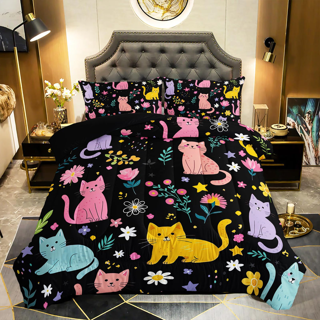 QOOMO Floral Cat Comforter Twin Size,Pink Cat Bedding Set for Kids Teens Girls,3Pcs Bedding Set Printed Comforter with 2 Pillowcases,Down Alternative,Soft and Lightweight(Pink，Twin Size)