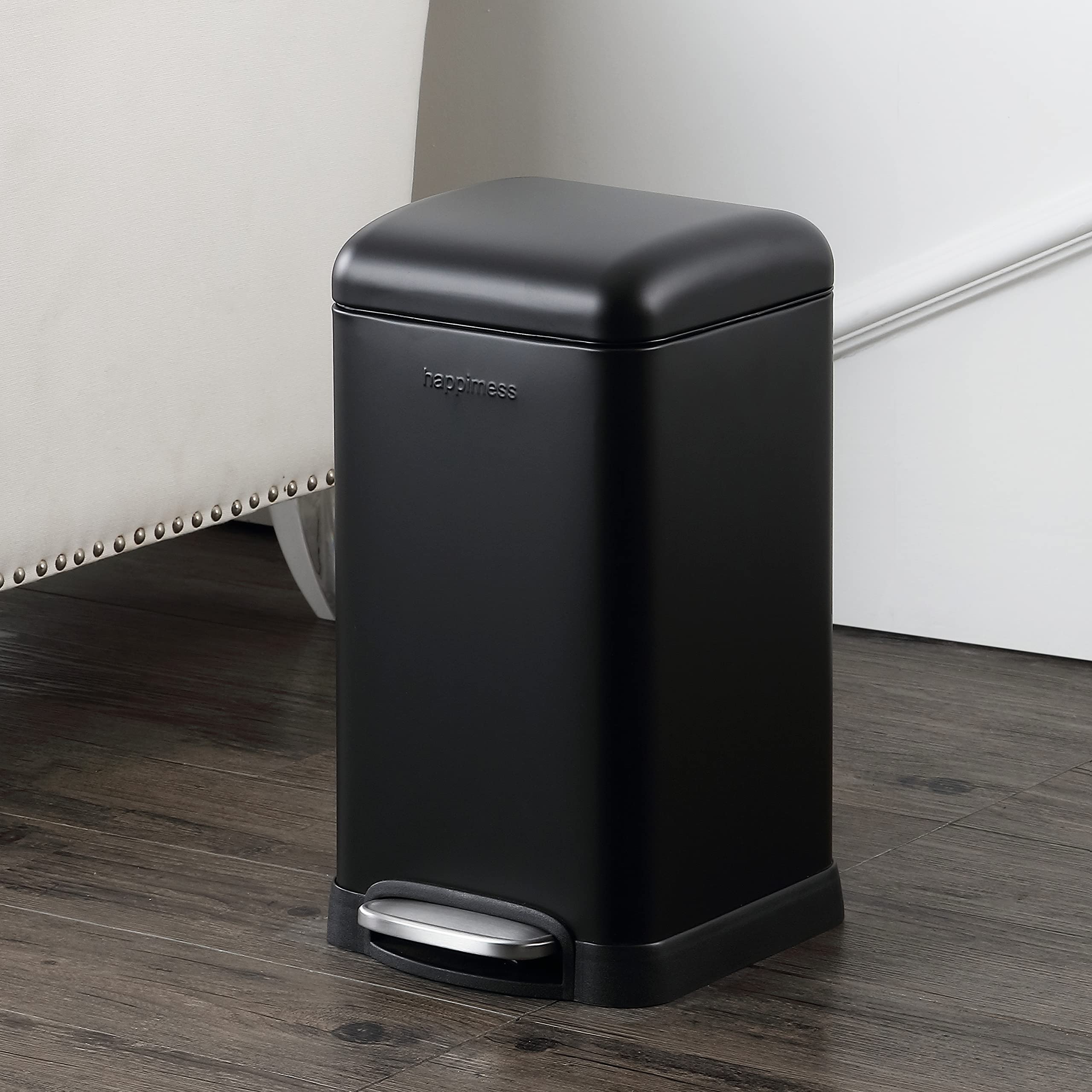 happimess HPM1012B Betty Retro Mini 3.2-Gallon Step-Open Trash Can with Soft-Close Lid, Modern, Minimalistic, Fingerprint Proof for Home, Kitchen, Laundry Room, Office, Bedroom, Bathroom, Black