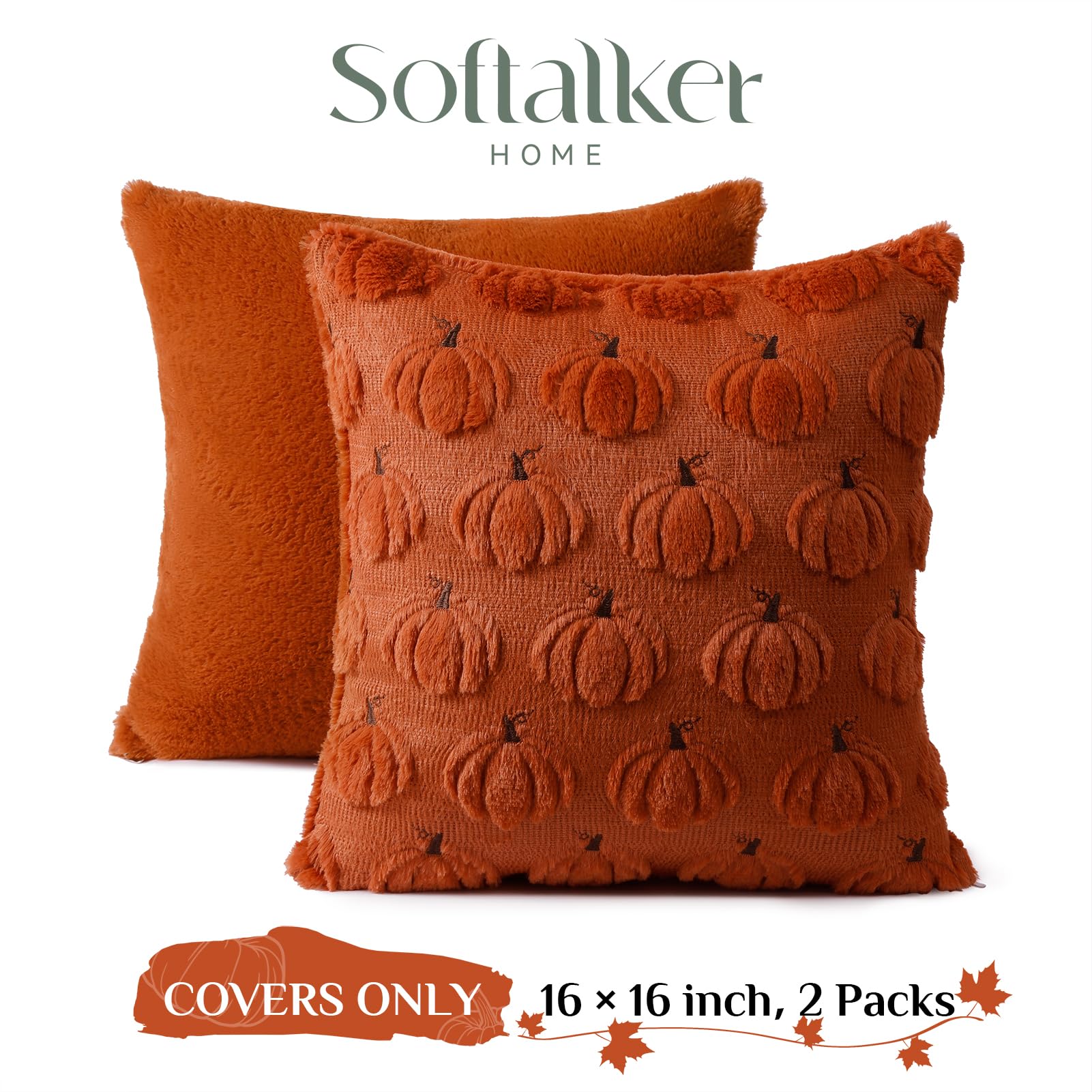Fall Beige Pillow Covers 18x18 Set of 2 Double-Sided Pumpkin Plush | Boho farmhouse comfort with raised Autumn pumpkin embroidery, designed for living rooms, sofas, and cozy fall home decor.