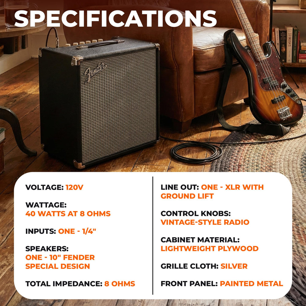 Fender Rumble 15 Bass Guitar Combo Amplifier Bundle with Instrument Cable and Austin Bazaar Instructional DVD