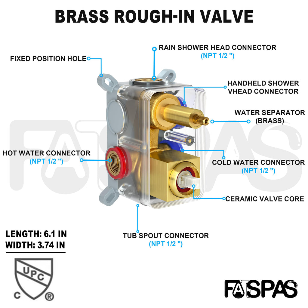 Brushed Gold Shower System with 10-Inch Rain Showerhead and Tub Spout | cUPC-certified pressure balance brass valve to prevent scalding, CEC-certified air injection technology for low pressure