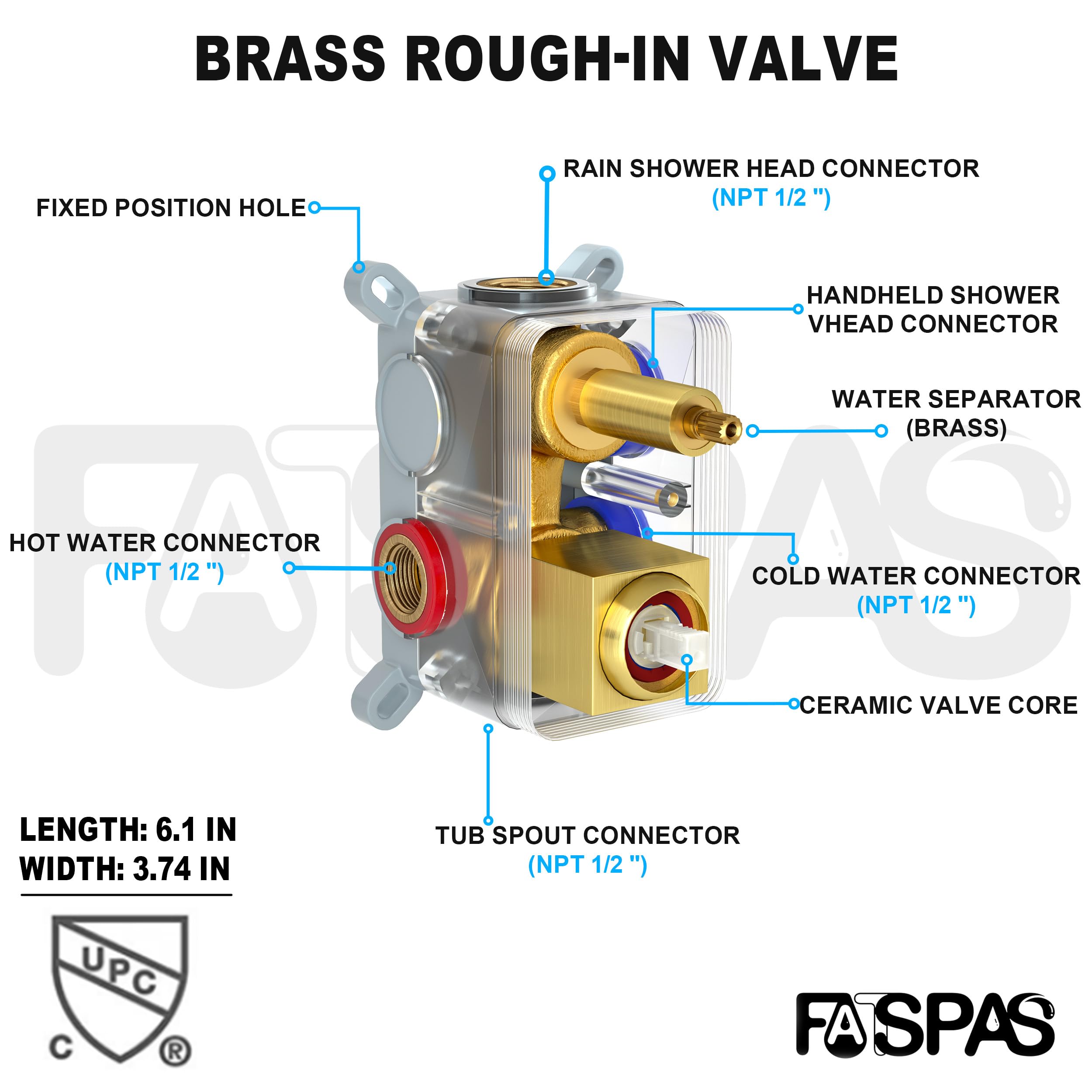 Brushed Gold Shower System with 10-Inch Rain Showerhead and Tub Spout | cUPC-certified pressure balance brass valve to prevent scalding, CEC-certified air injection technology for low pressure