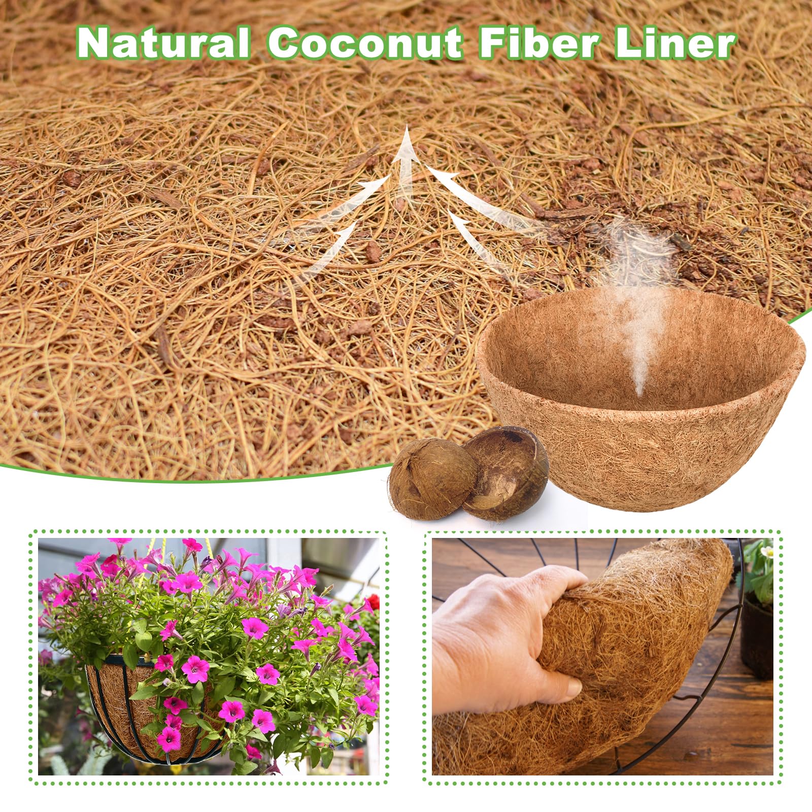 Riare 2 Pack 12 Inch Round Coco Liners Replacement, 100% Natural Coconut Coir Liners for Hanging Baskets, Garden Flower Vegetables Planter Pot, Window Box, Fence, Decks