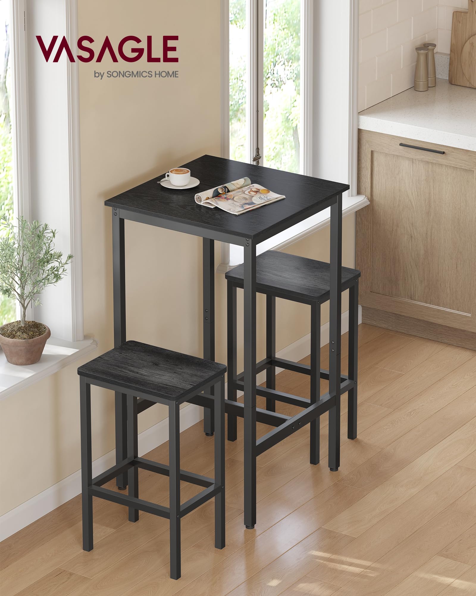 VASAGLE Bar Table, Kitchen Dining Table, High Top Pub Table, Bar Height Cocktail Table for Living Room Party, Sturdy Metal, 15.7 x 39.4 x 35.4 Inches for Narrow Spaces, Ebony Black and Ink Black