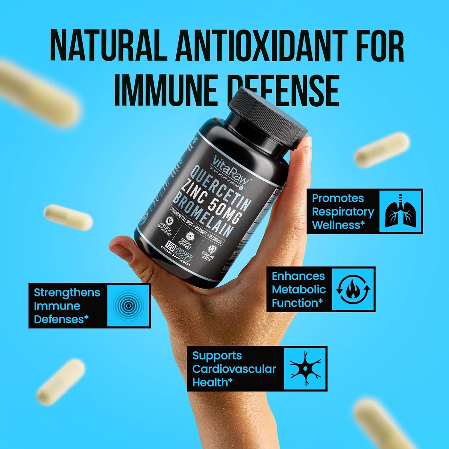 VitaRaw Quercetin with Bromelain 500mg Capsules, Supports Immune Response, Joint Comfort, & Overall Wellness - Vitamin C, Zinc 50mg, & Vitamin D3 5000 IU - Immunity Health Pills