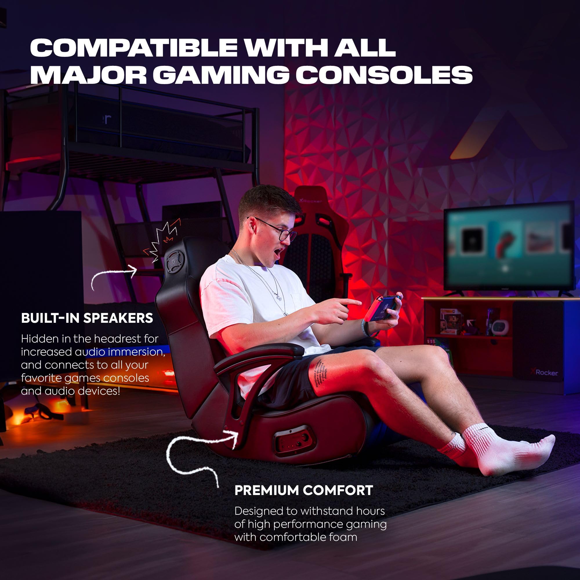 X Rocker Video Gaming Floor Rocker Chair, Built-in Audio, College Dorm Essentials for Guys and Girls, Bedroom, Foldable, Gifts for Gamers