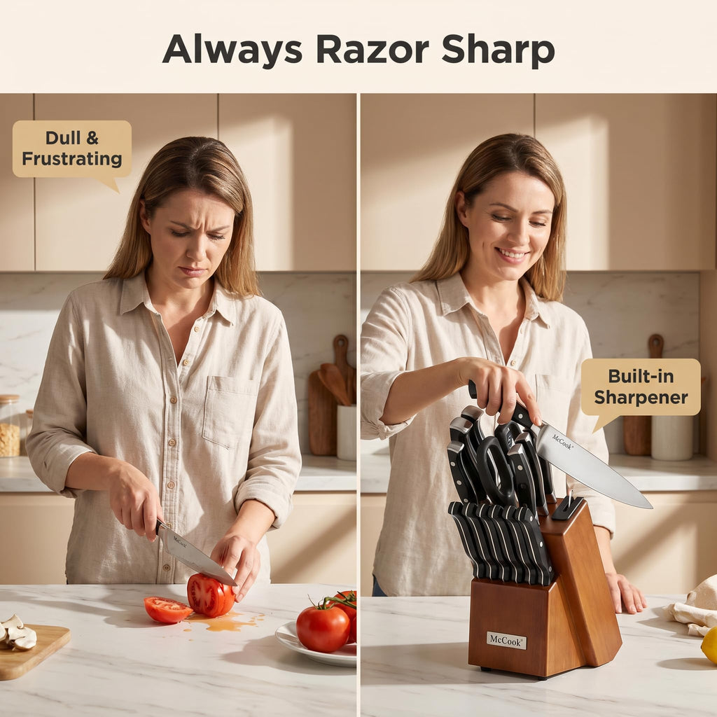 McCook® Knife Sets,German Stainless Steel Kitchen Knife Block Set with Built-in Sharpener, 20-Piece Razor-Sharp Kitchen Knives, Forged Triple Rivet,Full Tang,Ergonomic Handle,Elegant Box for Gift