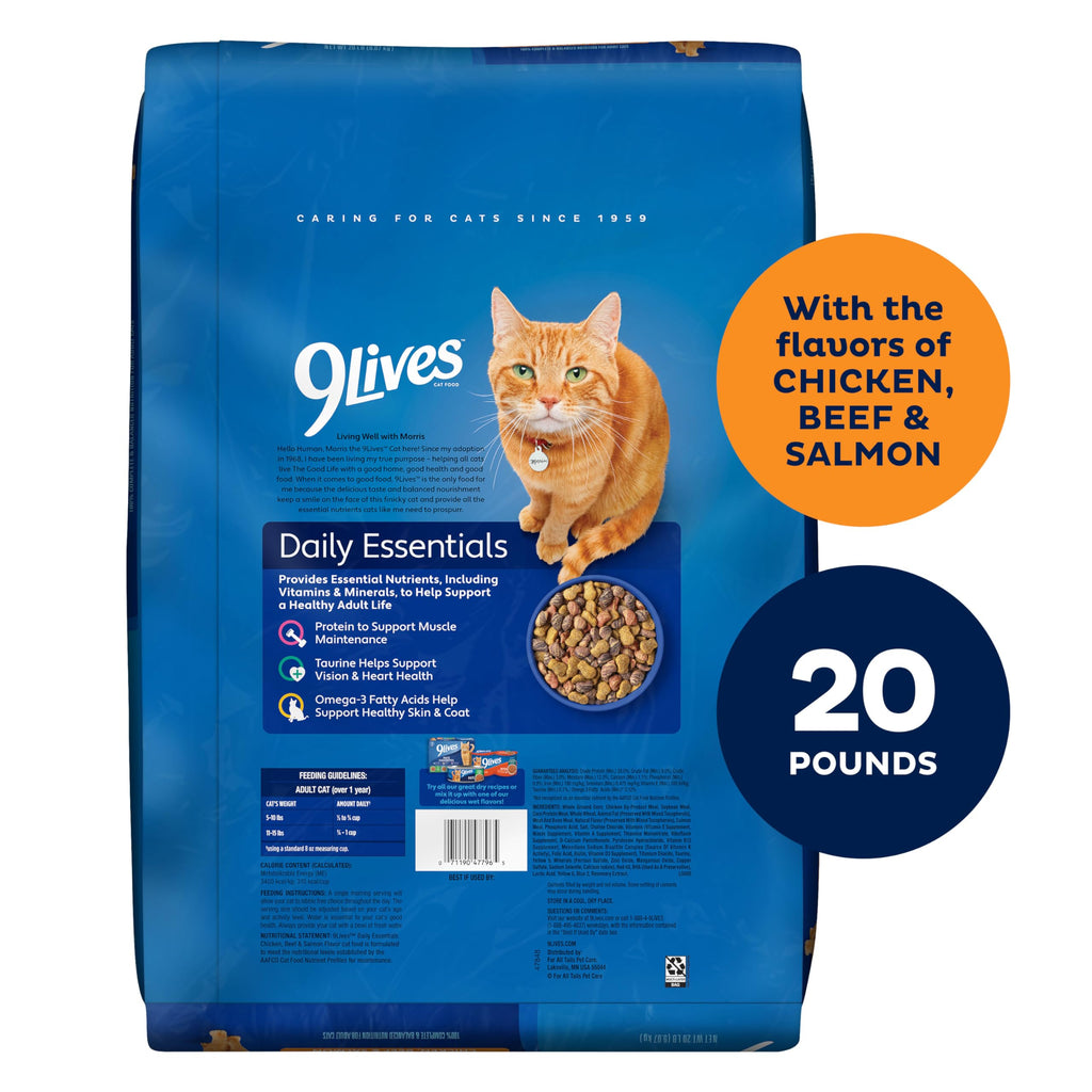 9Lives Daily Essentials Dry Cat Food for Adult Cats with Chicken, Beef & Salmon Flavors, 3.15 lb. Bag (Pack of 4)
