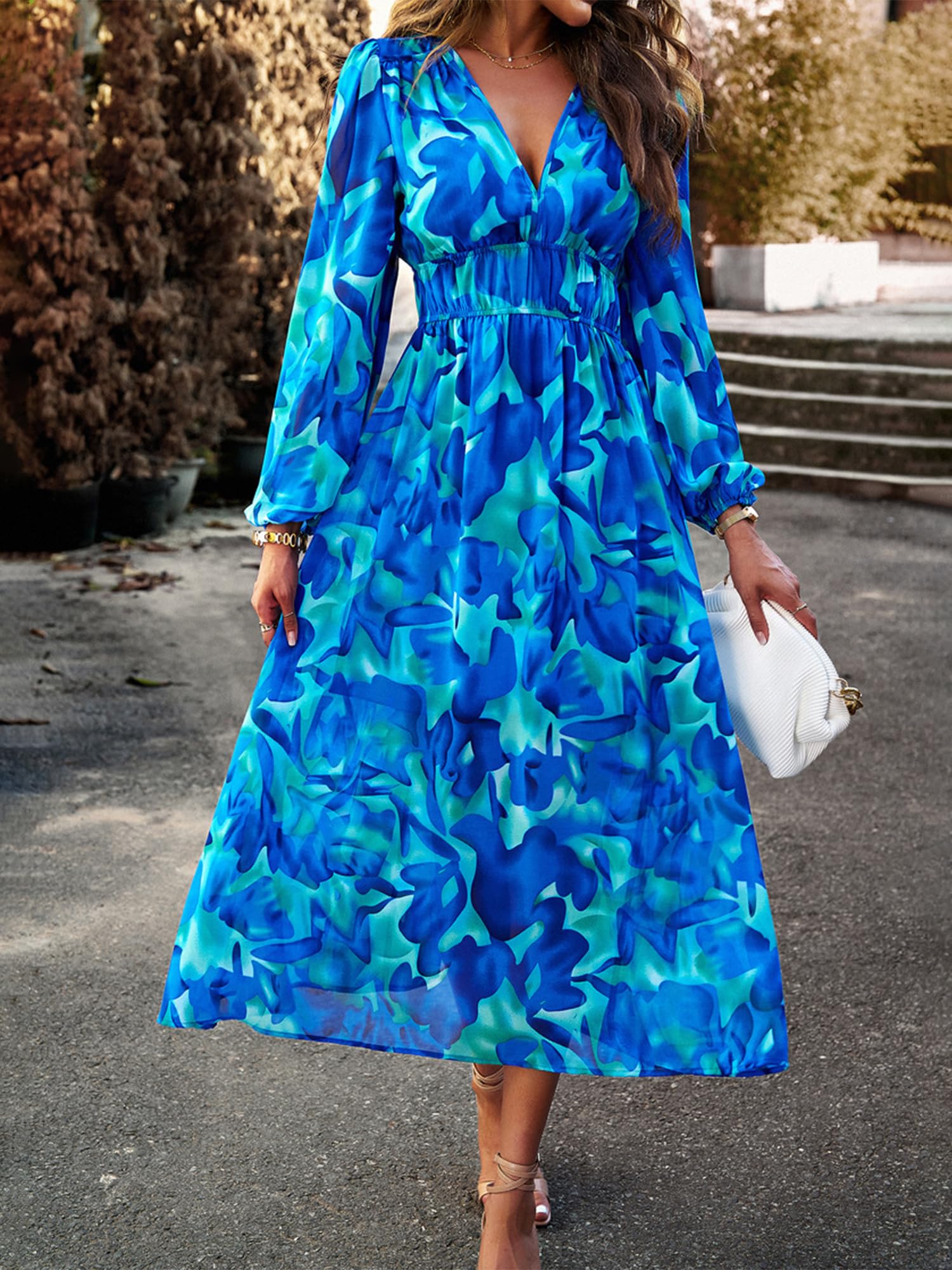 UEAL Womens Floral Flowy Wrap V Neck Midi Dress Short Sleeve Elastic Waist Casual Spring Summer Dresses for Women 2025