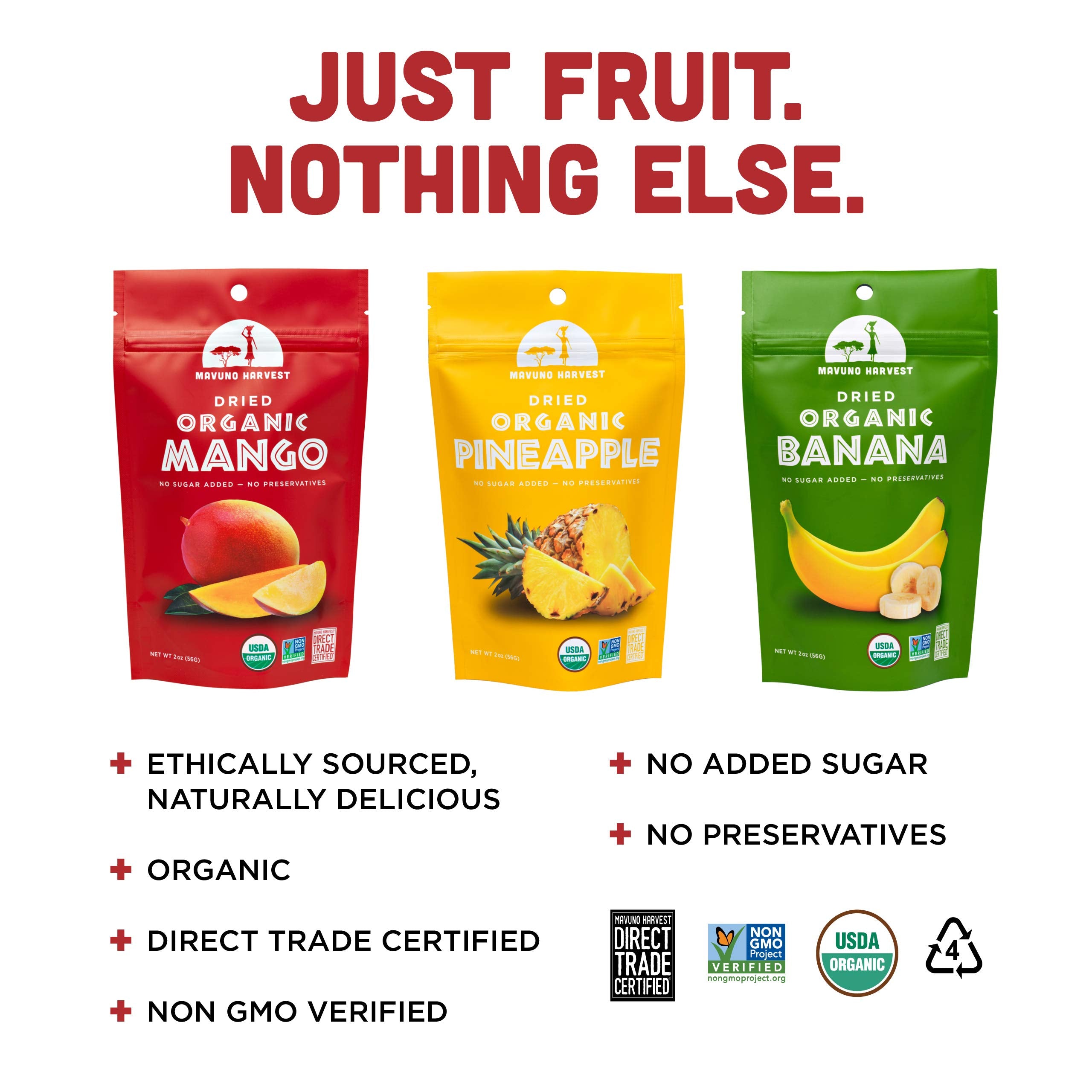 Mavuno Harvest Organic Dried Fruit Variety Pack | Dried Mango, Papaya, Pineapple, Banana, Jackfruit, & Tropical Mix | Healthy, Vegan, No Sugar Added, Non GMO Snacks for Kids & Adults | 2 Ounce, 6 Pack