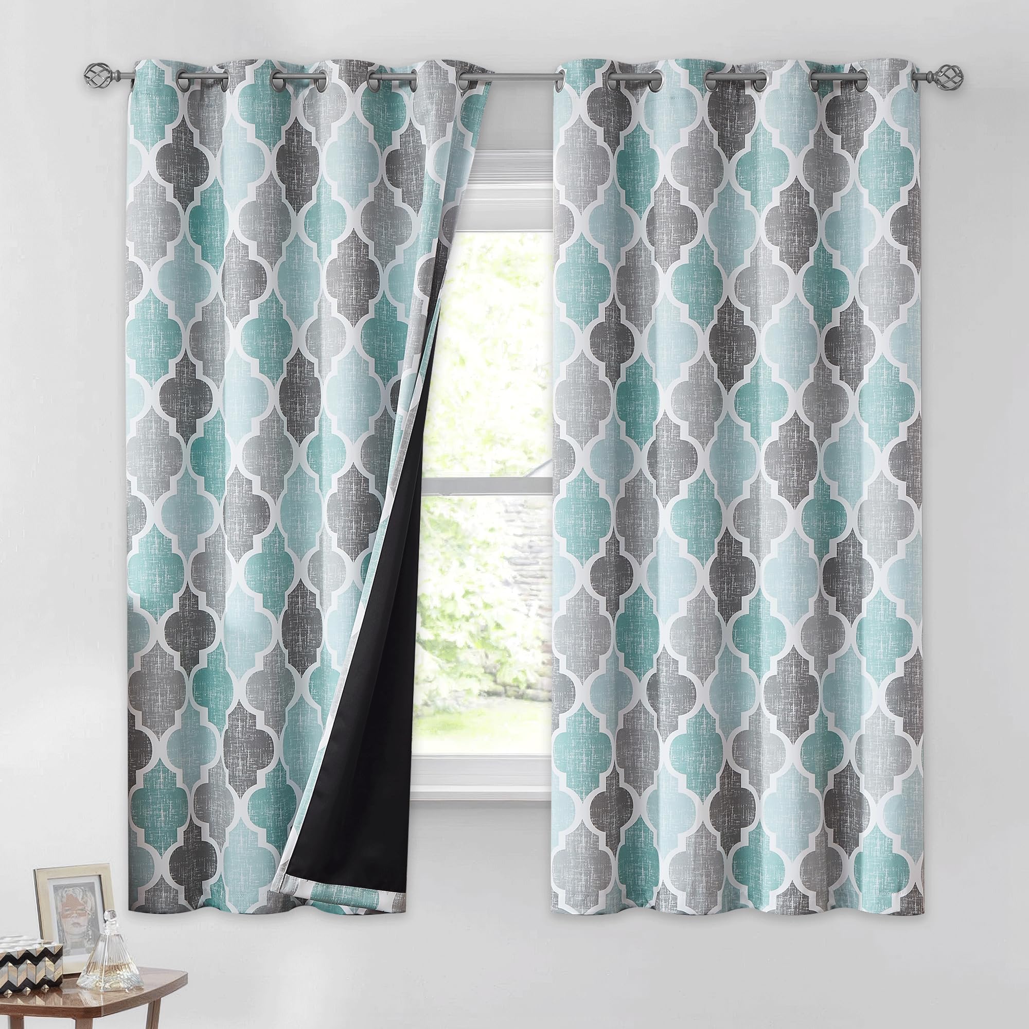 Beauoop 100% Blackout Curtains 45 Inches Long 2 Panels for Bedroom Living Room Aqua Grey Moroccan Geo Room Darkening Thermal Insulated Soundproof Grommet Top Window Treatments Drapes, 50x45 Set of 2