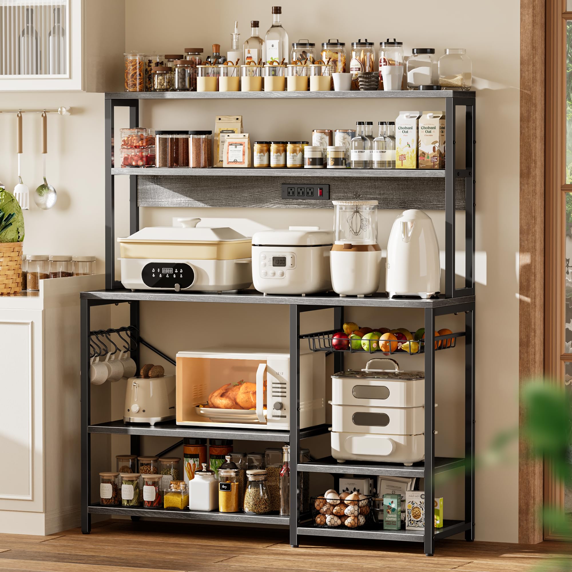 SUPERJARE Bakers Rack with Power Outlet, 35.4 Inches Coffee Bar with Wire Basket, Kitchen Microwave Stand with 6 S-Shaped Hooks, Open Storage Shelves, Black