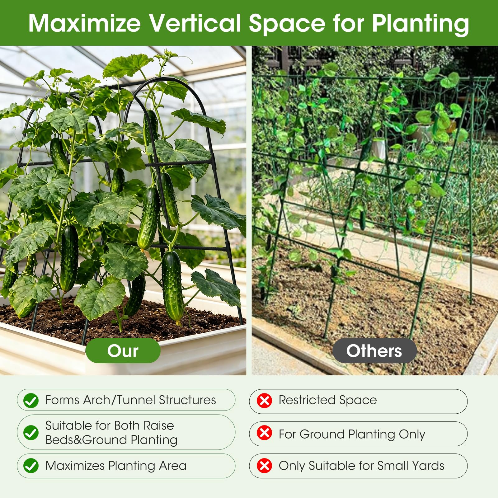 Cucumber Trellis for Raised Bed,U-Shape Garden Trellis for Climbing Plants Outdoor, Metal Arch Vegetables Trellis, Plant Support for Vine (Green, 31.5" Lx21.6 Wx47.2 H-Small)