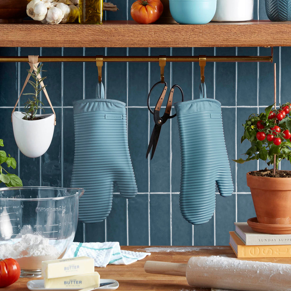 KITCHENAID Ribbed Soft Silicone Oven Mitt 2-Pack Set, 7.5"x13", Aqua Sky