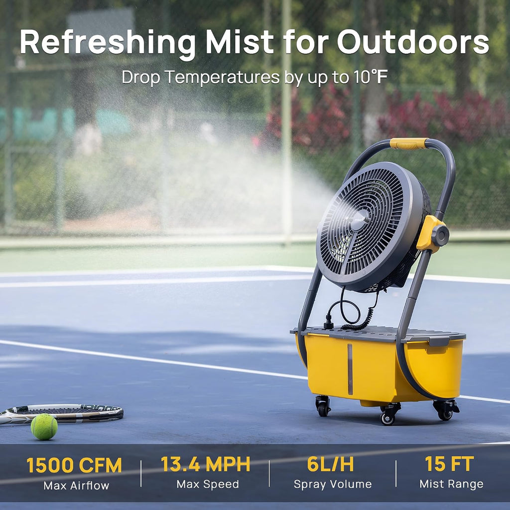TURBRO Cordless Misting Fan with 11L Tank, High Pressure Spray Nozzles, 15ft Mist Range, Up to 50 Hours Run Time with Rechargeable Battery, 360° Swivel Wheels, Ideal for Patio, Pool and Outdoor Use