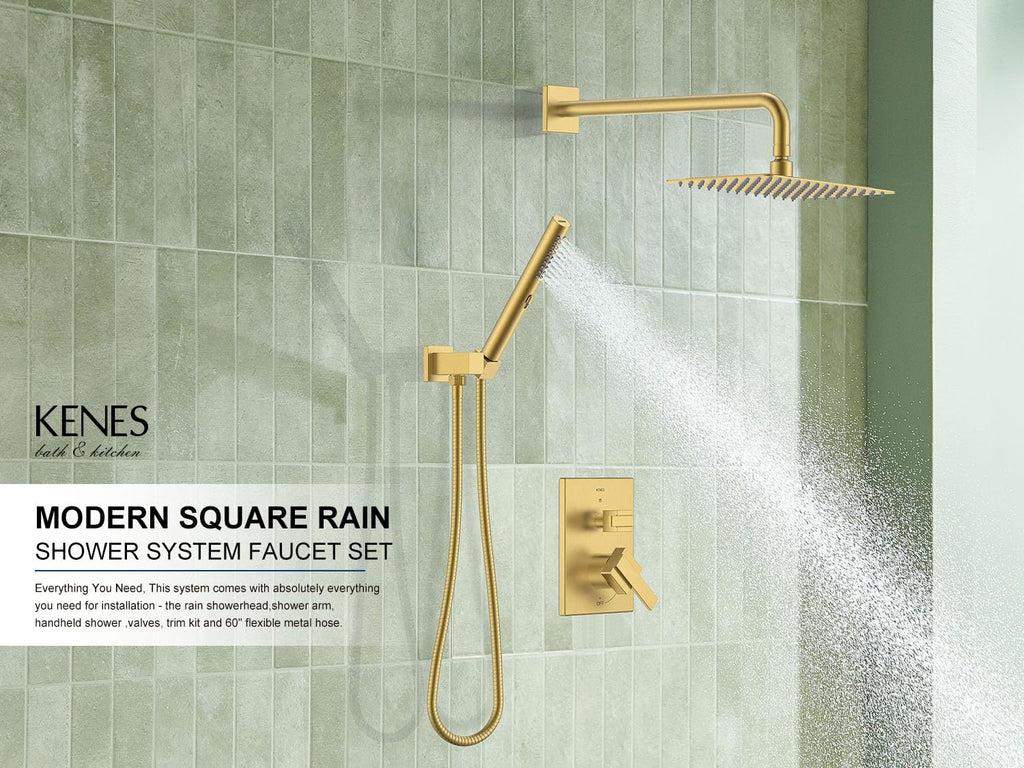 KENES Brushed Nickel 10-Inch Shower Head and Handle Set, Square Shower Faucet Set Bathroom Rainfall Shower System Wall Mount, KE-6024B (Shower Valve Included)