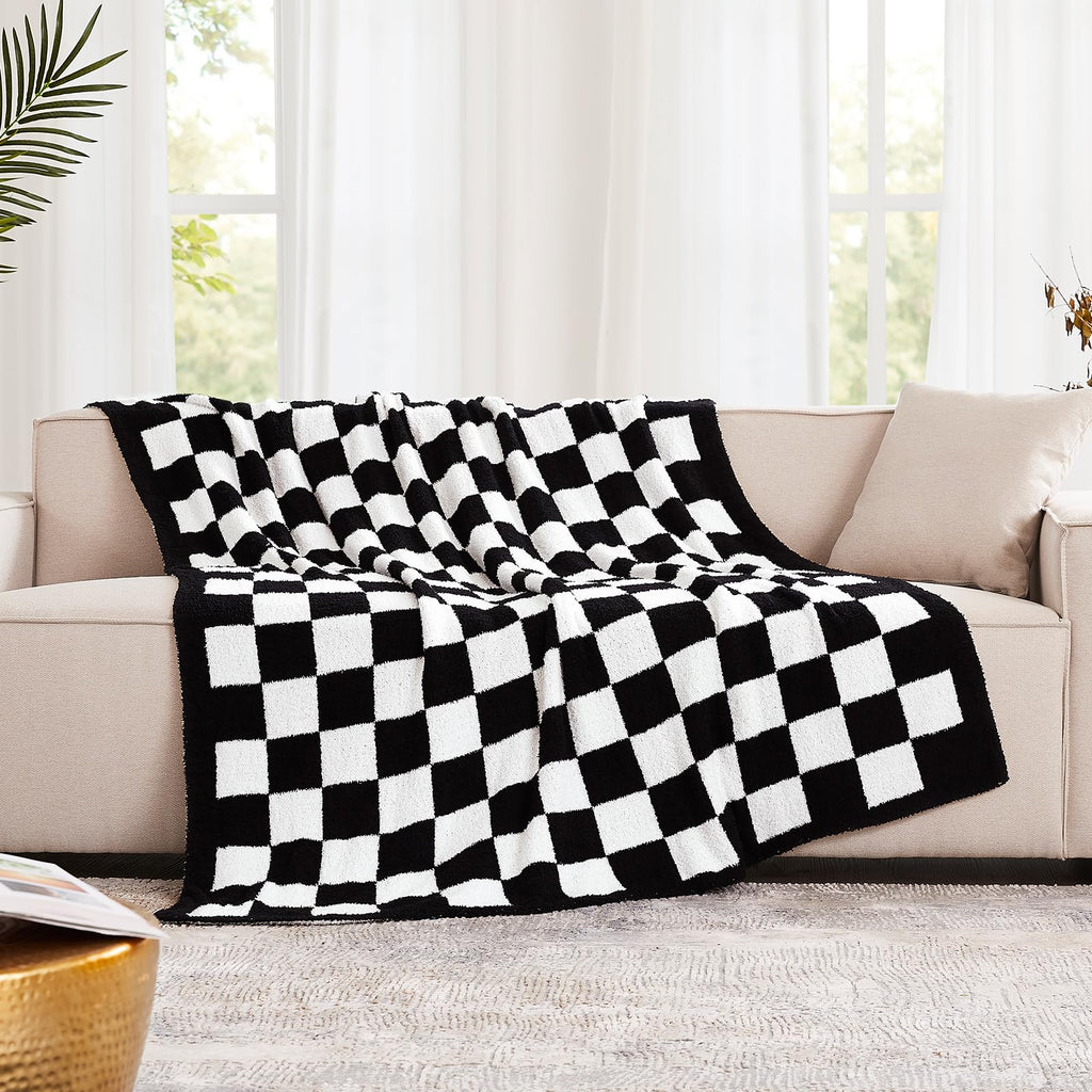 Checkered Throw Blanket, Black Soft Cozy Fluffy Knitted Throw Blankets for Couch, Sofa, Bed, Chair, Warm Fuzzy Travel Picnic Lightweight Plaid Blanket, 50x70 inches