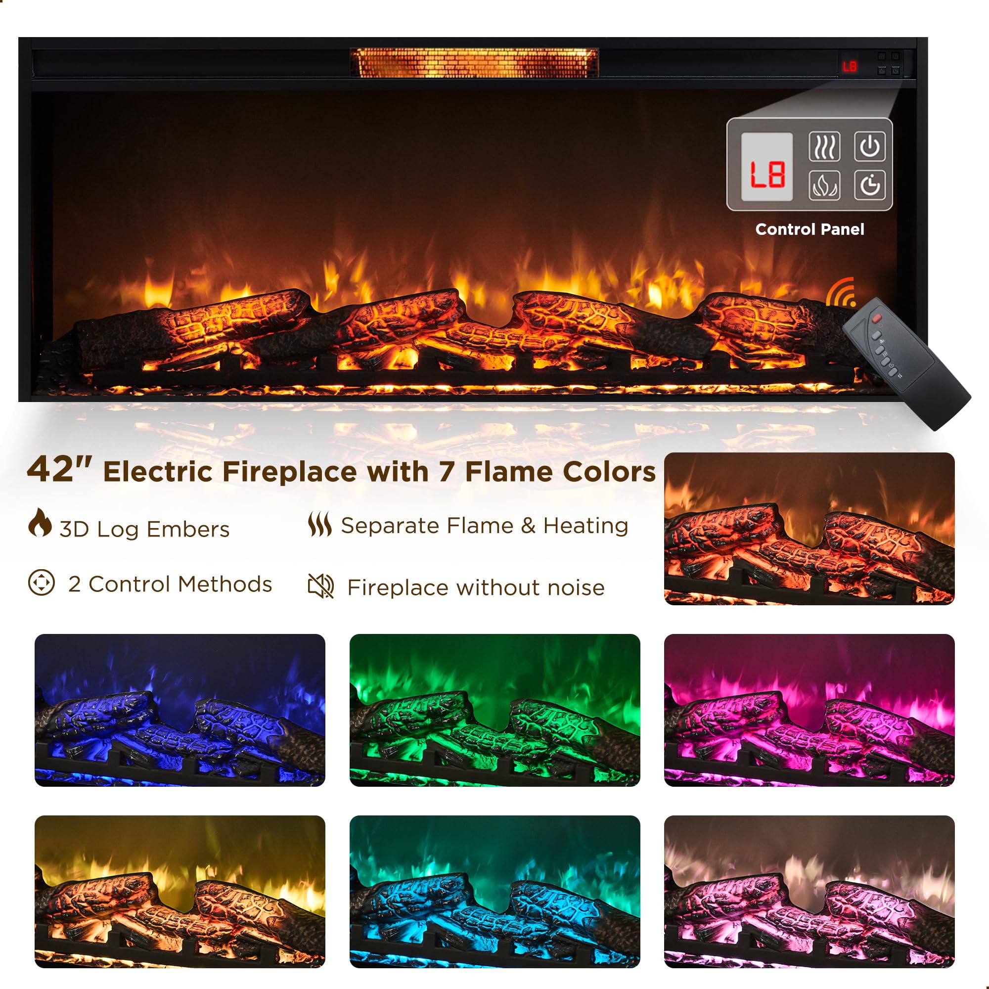 OKD Fireplace TV Stand for 80 Inch TV - Farmhouse Entertainment Center with 42" Electric Fireplace & LED Lights, Wood Media Console with Storage Drawers & Cabinets for Living Room, Antique White