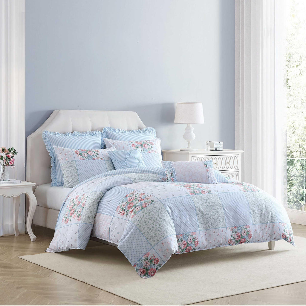 Laura Ashley - Duvet Set, Super Soft & Cozy Bedding, Includes Matching Shams & Bonus Throw Pillow Covers, Coquette Room Decor (Hope Patchwork Blue, Twin)