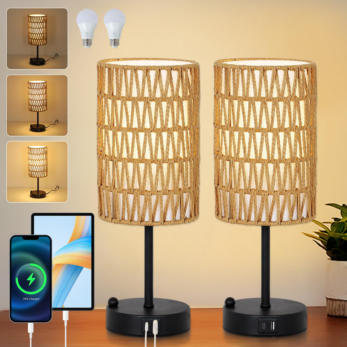 Rattan Bedside Table Lamps Set of 2 - Boho Lamps With 3 Color Temperatures & USB AC Port, Pull Chain Table Lamp For Bedroom, Cute Small Lamp For Nightstand Office Desk Bed Side End Table Living Room