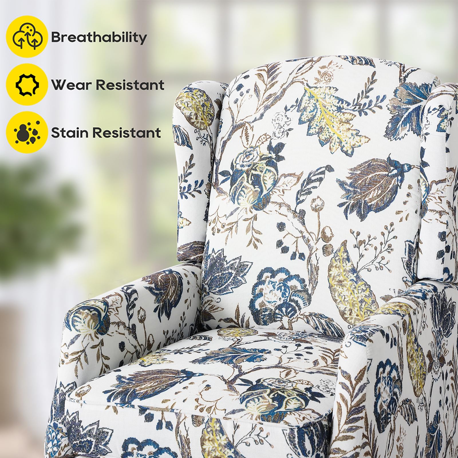 Wingback Chair with Massage and Heat, Tufted Fabric Pushback Recliner Chair, Wingback Recliner Chair with Remote Control, Padded Cushion, Wooden Legs, Small Recliners for Small Spaces