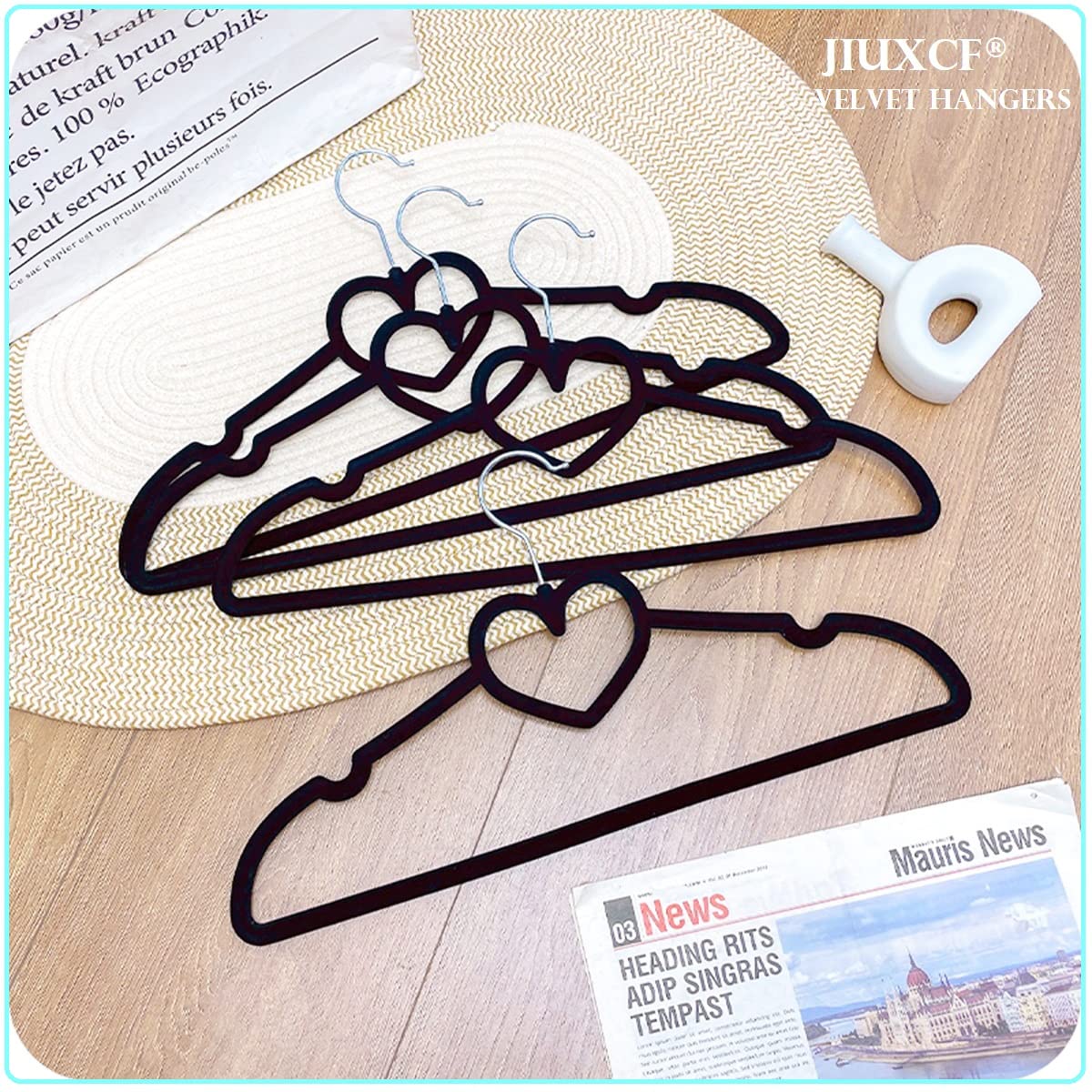Velvet Hangers 20 Pack,16 Inch Non Slip Adult Heart Hanger (Black) | 360° Swivel Hooks, Cascade Design, Space Saving