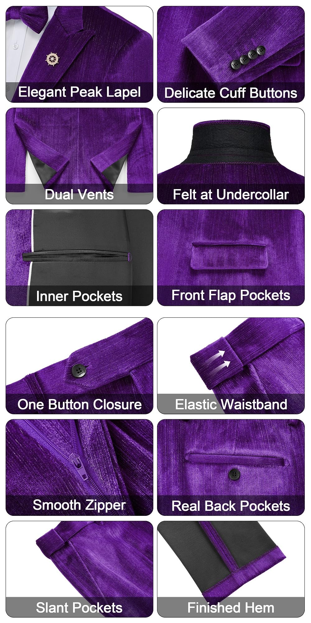 MAGE MALE Mens Suits Velvet Tuxedo Suit Set Slim Fit 2 Piece Luxurious Party Dinner Jacket Pants with Bow Tie
