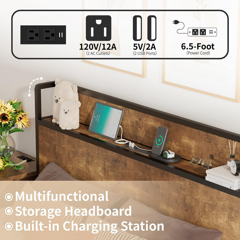 LUXOAK Full Size Lift Up Storage Bed, Wood Platform Bed Frame with Storage Headboard & Charging Station, No Box Spring Needed, Easy Assembly, Black