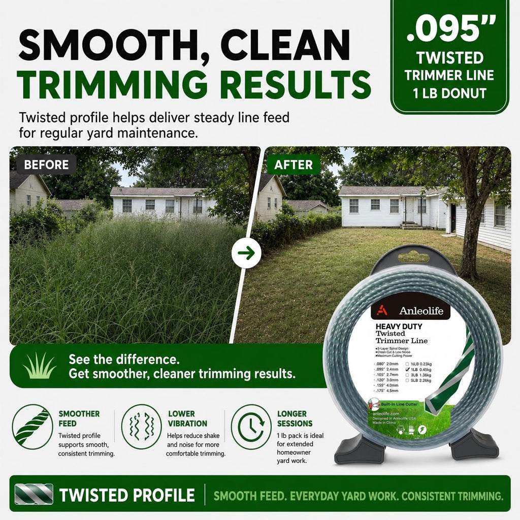 A Anleolife 1-Pound Heavy Duty Sawtooth 140-mil-by-108-ft Dual Core String Serrated Trimmer Line Donut for Walk Behind Wheeled Mowers with Built-in Line Cutter